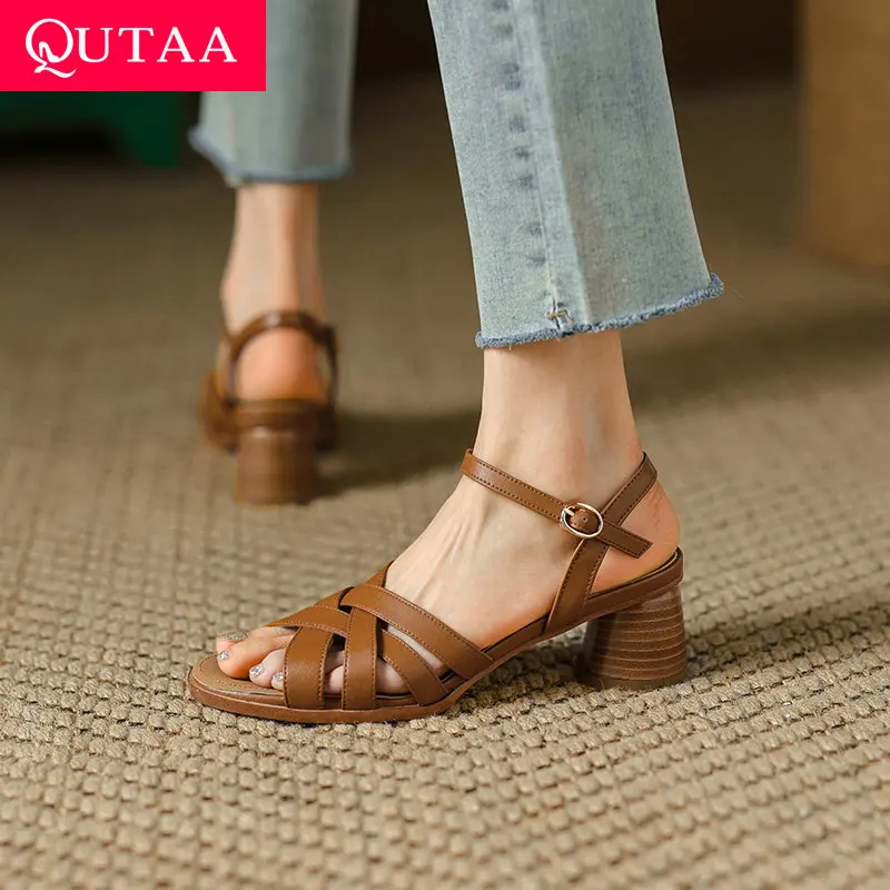 QUTAA 2022 Square Med Heel Elegant Female Sandals Ankle Strap Genuine Leather Peep Toe Summer Women Shoes Big Size 34-39