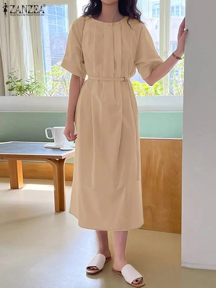

Платье ZANZEA женское до середины икры, модный офисный элегантный винтажный Однотонный сарафан с рукавом до локтя и круглым вырезом, лето 2023