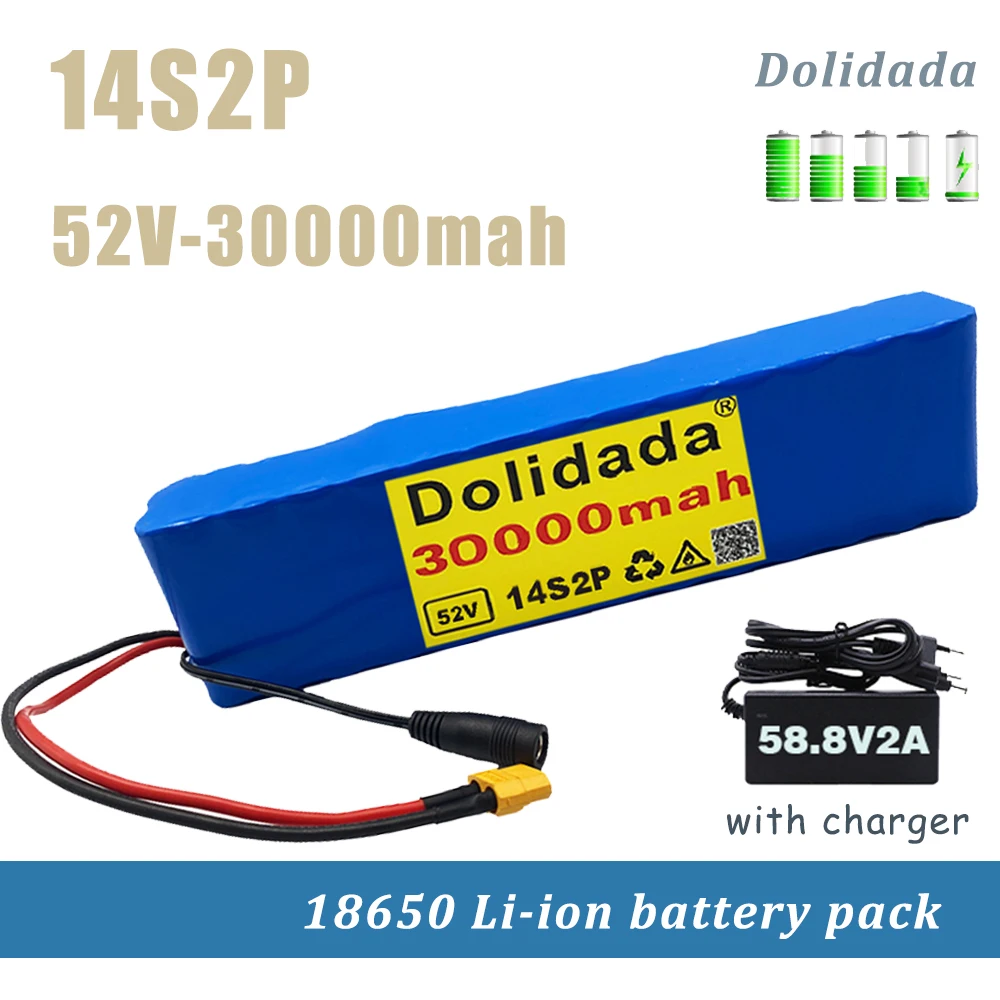 

Литий-ионный аккумулятор для электровелосипеда, скутера, балансирующего автомобиля, 52 в, 30000 мАч, 14S2P, 800 Вт, BMS, 58,8 в, 2 А, зарядное устройство, а...