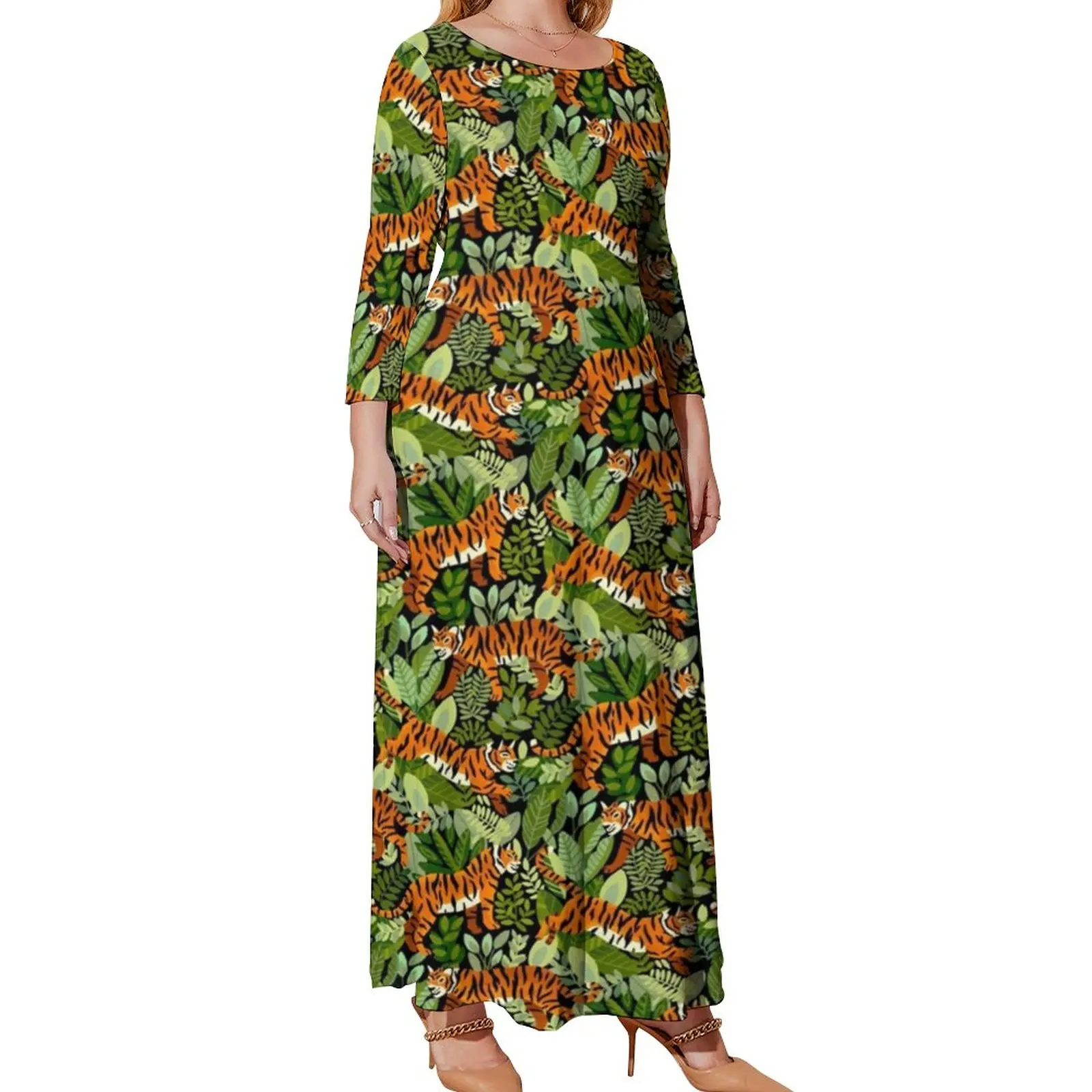 Bengal Tiger Print Dress Green Jungle Beach Dresses Long Sleeve Street Style Long Maxi Dress Elegant Vestidos Plus Size 5XL