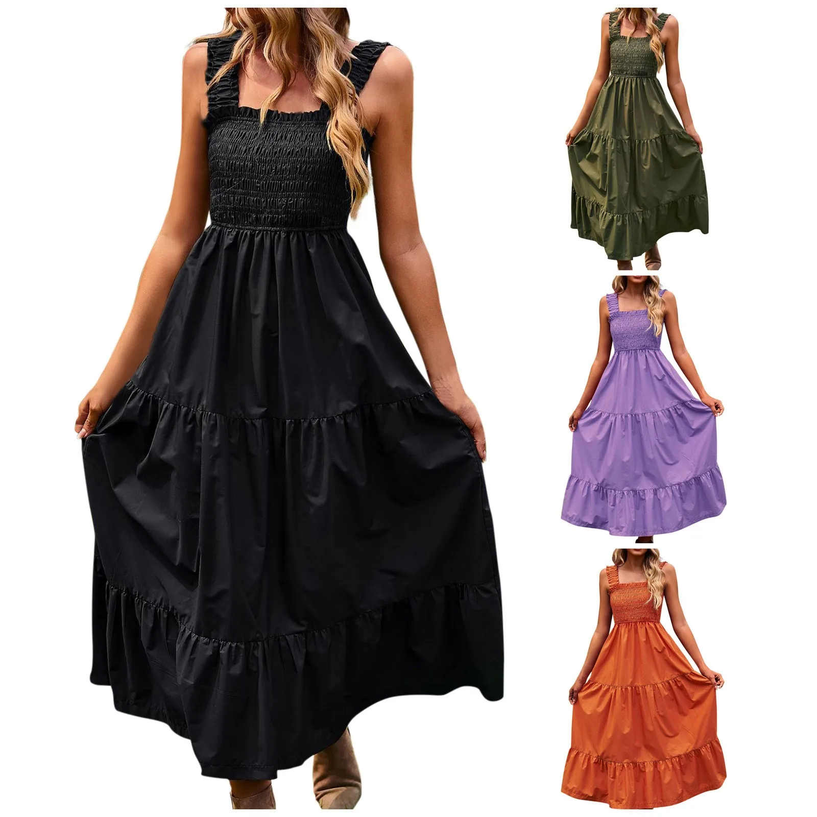 

Женское винтажное платье-туника без рукавов, повседневное однотонное свободное платье с квадратным вырезом и складками, лето 2023