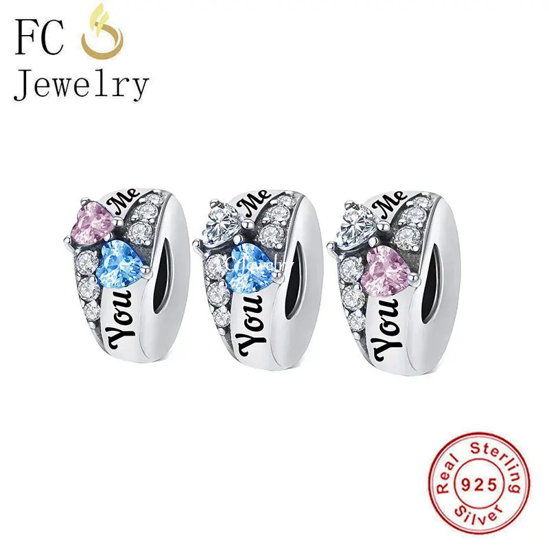 

Fit Original Pan Charms Bracelet 925 Sterling Silver Pink Blue Love You And Me Double Rings Shape Bead For Making Women Berloque