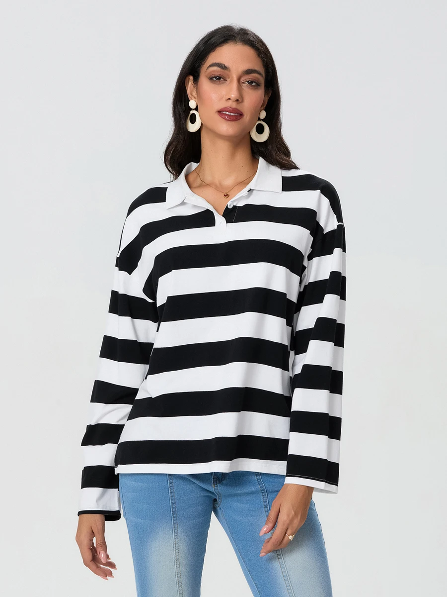 Женский пуловер с принтом в полоску Свободный свитшот длинным рукавом и отложным