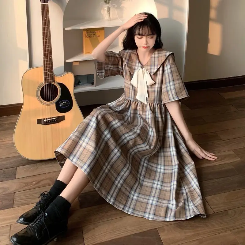 Женское клетчатое платье с круглым вырезом свободное Повседневное в стиле