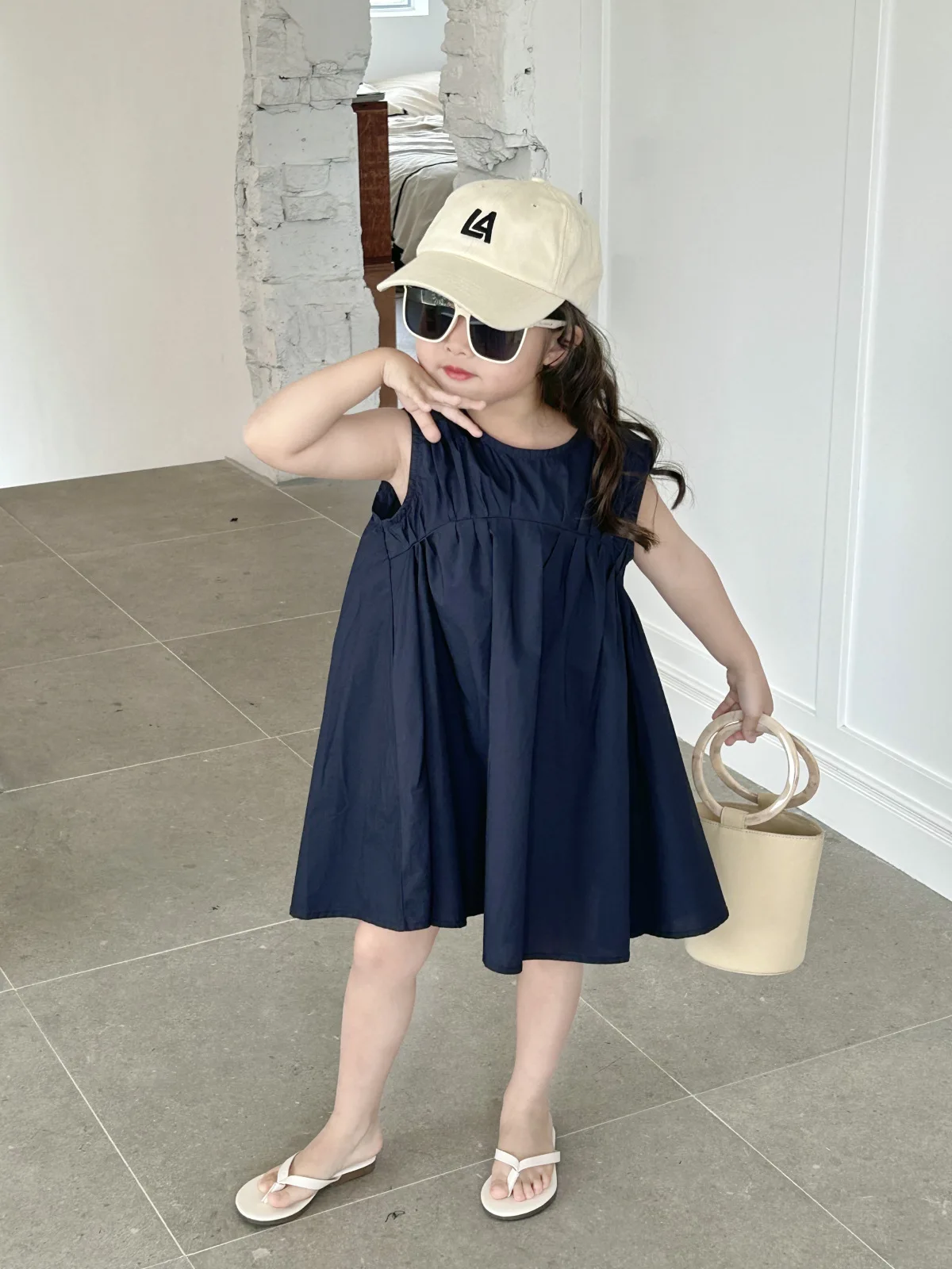 

Платья-трапеции без рукавов до колен, хлопковые однотонные платья в Корейском стиле с рюшами, повседневные платья для девочек, лето 2023