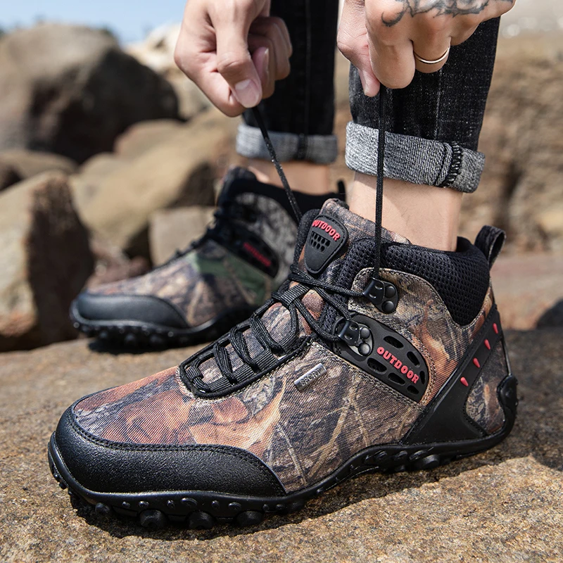 Autumn Winter Leather Hiking Boots Men Outdoor Shoes Waterproof Ankle Boots Men Non Slip Trekking Boots Camouflage Mens Sneakers