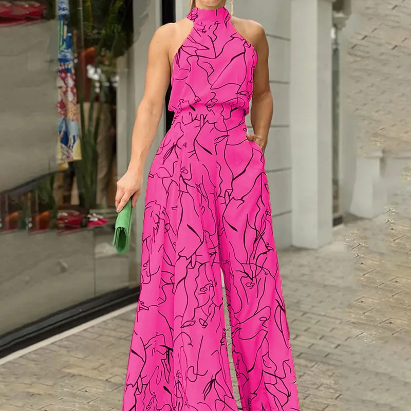 Elegant Women Sleeveless Jumpsuits Sexy Long Rompers Wide Leg Pants Fashion Printed Bodysuit Jumpsuit Lady Outfit 2023 New