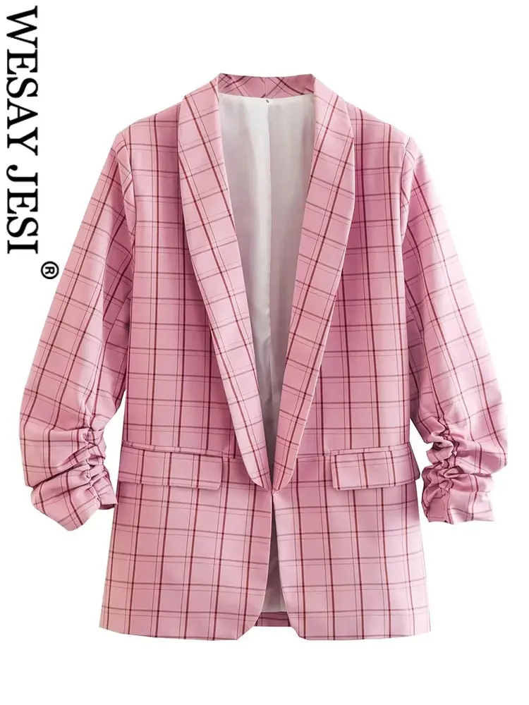 

WESAY JESI Casual Women's Pink Plaid Blazers Vintage Office Lady Pleated Sleeves Jacket Coats Autumn Outerwear Female Chic Tops