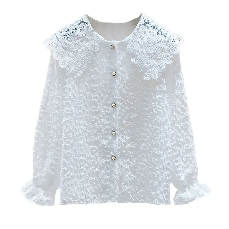 Женская кружевная ажурная блузка белая Свободная с длинным рукавом рубашки на