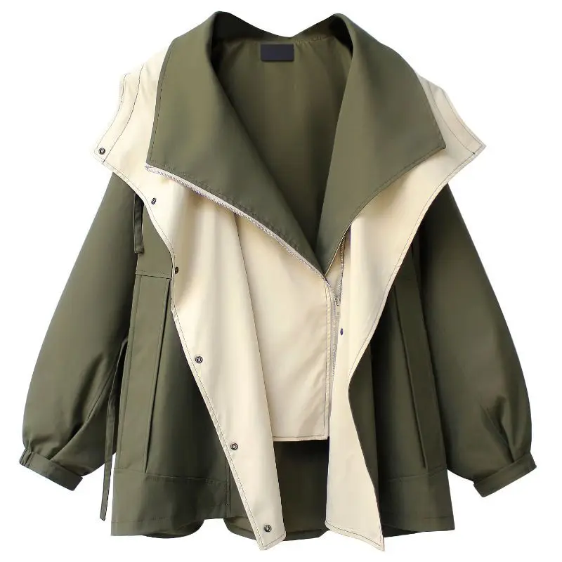 

Green Patchwork Oversize Jacket Women Korean Style Turn Down Collar Zipper Loose Windbreaker Coat Female Street Casual Outwear