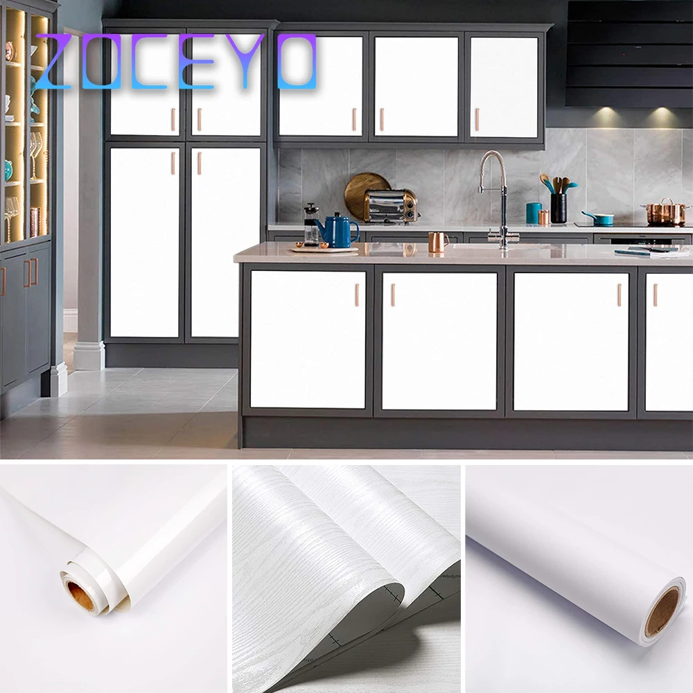 White Self Adhesive Wallpaper Wood Grain Contact Paper Kitchen Countertops Cabinets Shelf Liners PVC Roll Flash Vinyl Stickers