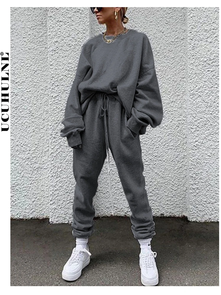 

Women Tracksuit Korea Fashion 2022 Casual Solid Color Long Sleeve Pullover Hoodie Two Piece Suit Lady Jogger Pants 2 Piece Sets