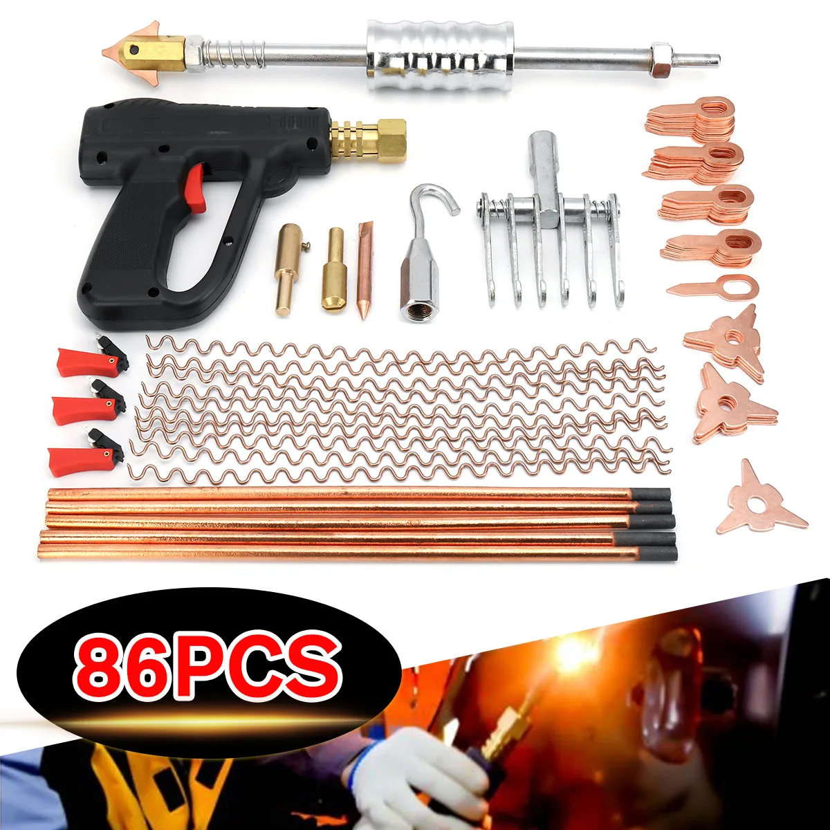 86Pcs Universal Dent Repair Puller Kit Car Body Dent Spot Repair Removal Device Welder Welding Machine Pulling Hammer Tool Kit