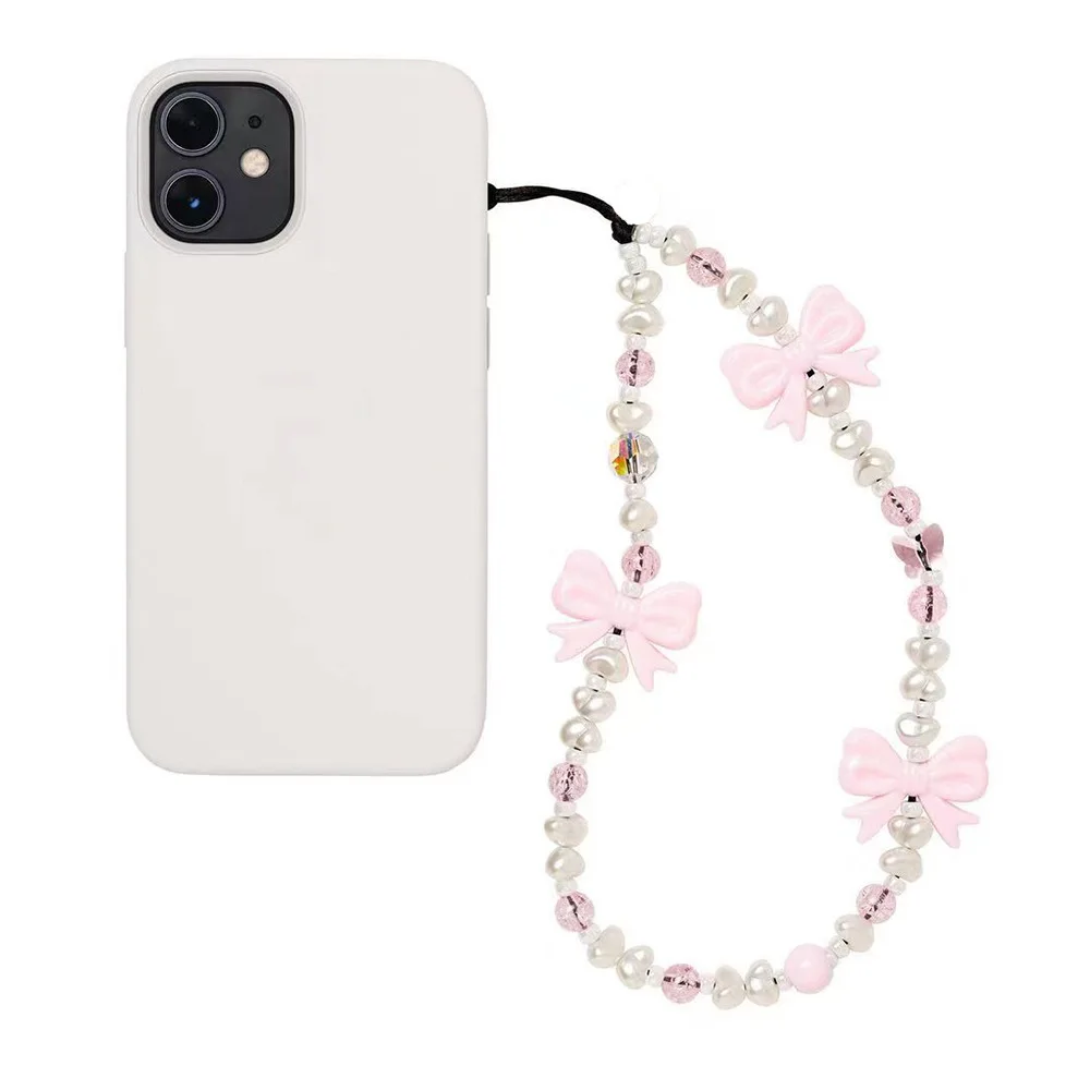 Simple Mobile Phone Chain Straps Charm Pink Bowknot Acrylic Imitation Pearl Phone Lanyard Anti-Lost Ladies Jewelry Accessories