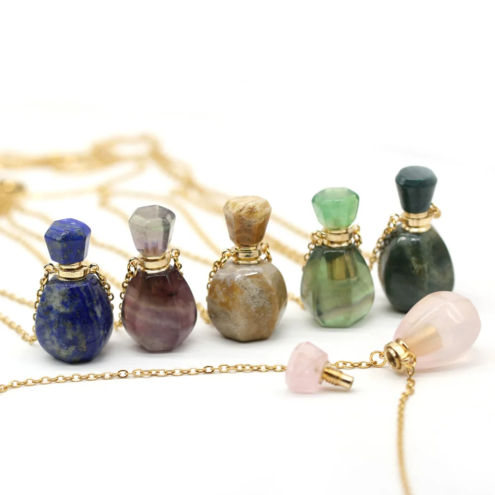 

Colorful Gradient Natural Perfume Bottle Fluorite Pendant Necklace Chains Essential Oil Diffuser For Women Jewerlry