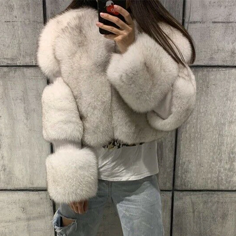 Black Imitation Leather Fox Fur Jacket Short Women 2023 Winter Outwear Thick Warm Faux Fox Fur Coats Plus Size Fluffy Overcoats