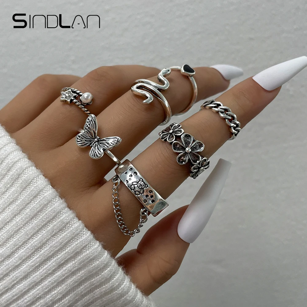 

Sindlan 7Pcs Punk Silver Color Butterfly Rings for Women Vintage Pearl Bear Snake Crystal Set Emo Couple Jewelry Anillos Mujer