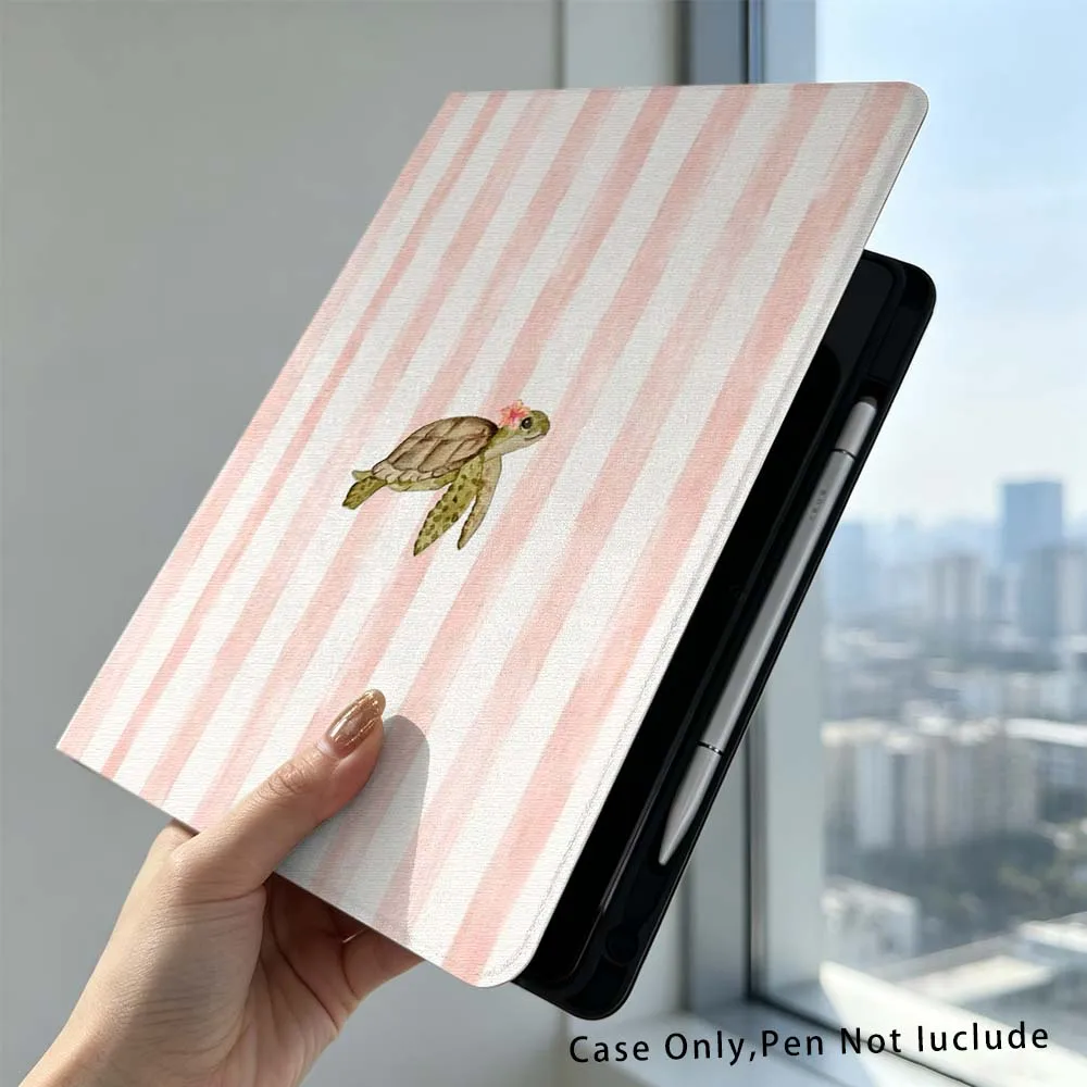 Фото Чехол-подставка для планшетов Xiaomi Poco Redmi Pad 8, 2, 4, C1, 6, 6S, 7, 7S, SE 9.7, 14, 11, 11.2, 12.1, 12.5 дюймов с рисунком черепахи и розовыми полосками №3