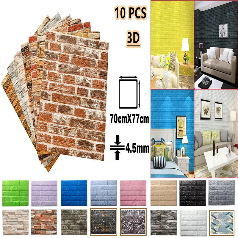 

10Pcs 3D Wall Sticker Brick Panels Bedroom Living Room Kitchen TV Backdrop Wall Decor Waterproof Self-adhesive Wallpaper 70X77CM