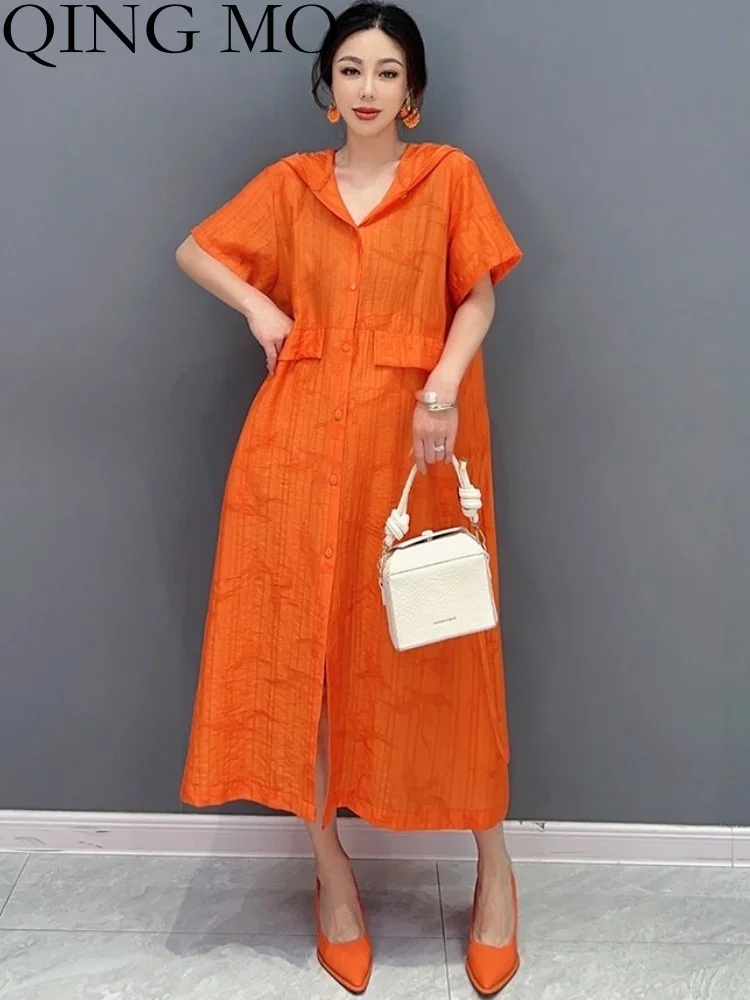 

QING MO 2023 Summer New Korean Style Casual Hooded Dress Women Fashion Show Slim Short Sleeve Female Dress Orange Green ZXF2768