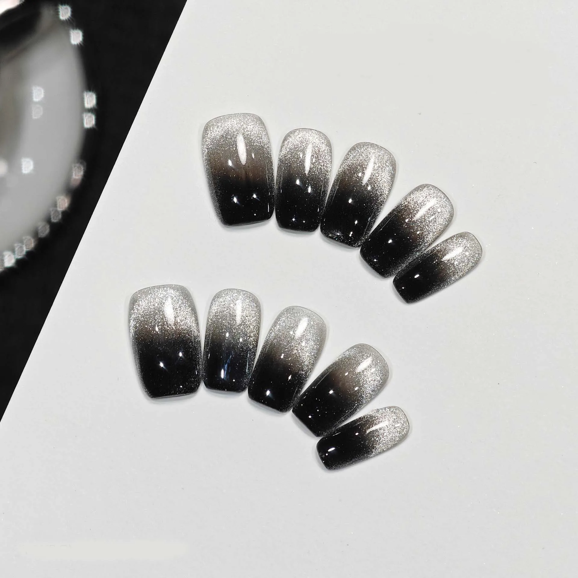 10 шт. короткие накладные ногти ручной работы полное покрытие черные кошачий глаз