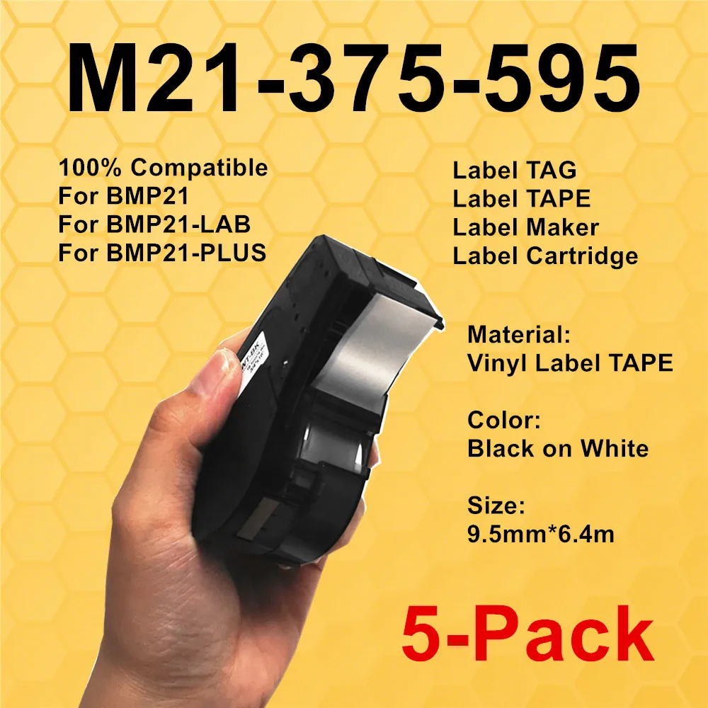 

1~5Pack M21-375-595 Compatible Black and White Tape Vinyl Label Ribbon Wire Marking Sleeves For Use Brady BMP21 PLUS