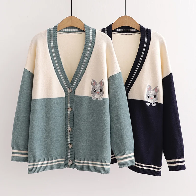 

Жаккардовый вязаный женский кардиган в стиле пэчворк, 2021, Зимний однобортный Модный корейский милая Базовая теплая мягкая трикотажная одеж...