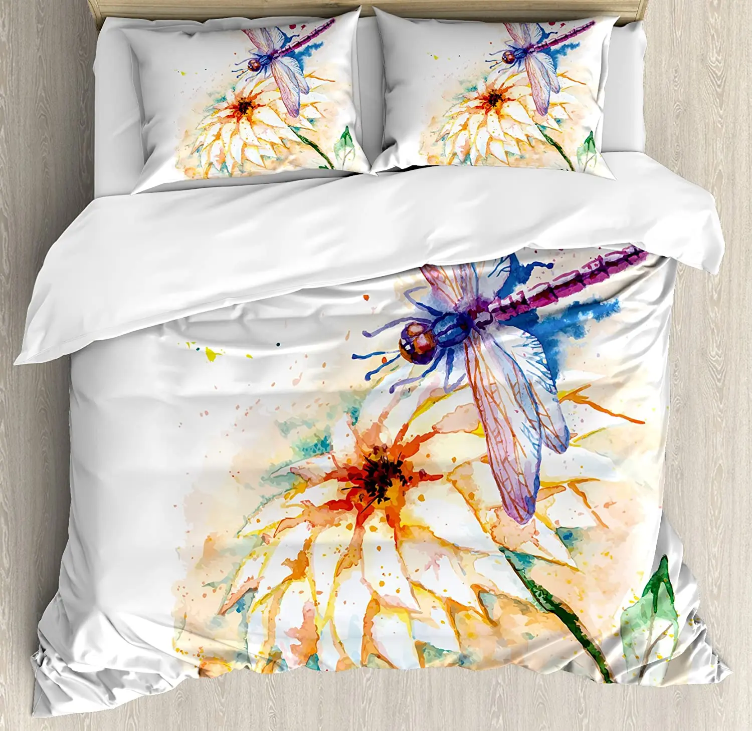 

Dragonfly Bedding Set For Bedroom Bed Home Watercolor Stylized Lily Flower and Flying Bug Duvet Cover Quilt Cover And Pillowcase