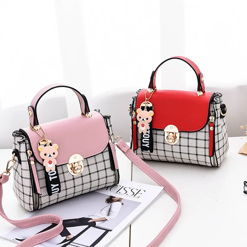 

Ladies Sweet Shoulder Bags PU High Quality Hot Sale Girls Bags Check Plaid Color Matching Casual Handbags Fashion Small Bag 2022