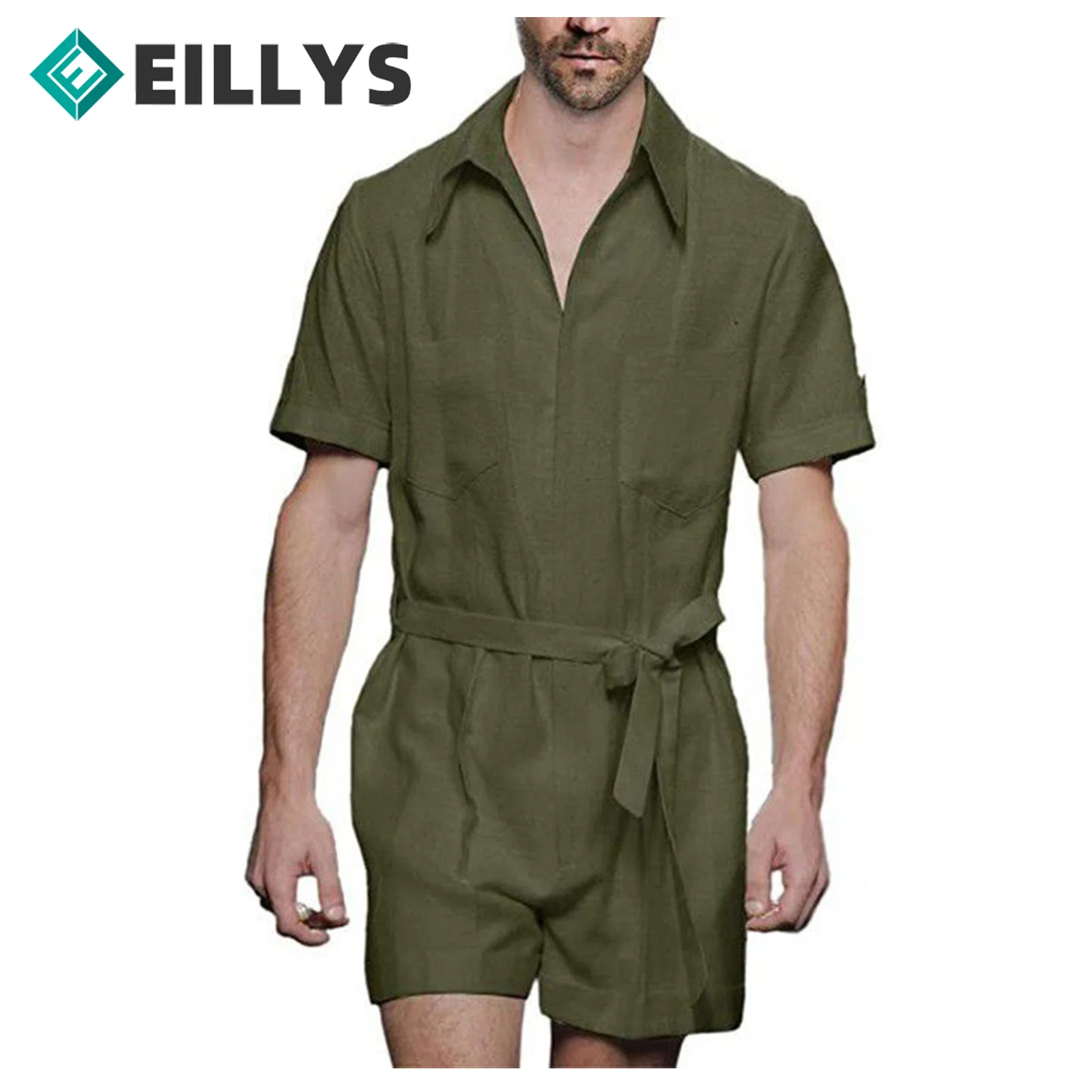Комбинезон-карго мужской с шортами модный однотонный хлопково-льняной
