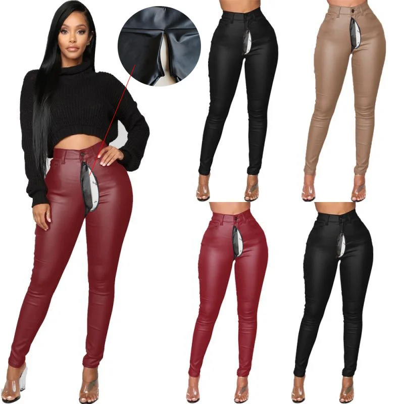 Sexy Invisible Open-Seat Pants Women's Leather Pants Winter High Waist Skinny Pencil PU Pants Cargo Trousers Outdoor Convenient