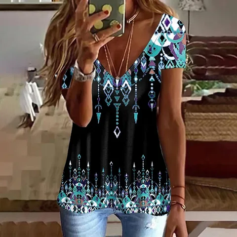 Summer Women's T-shirt Fashion V-neck Short-sleeved Tees New Retro Floral Print Women's Oversized Pullover Tops Tshirts Clothing