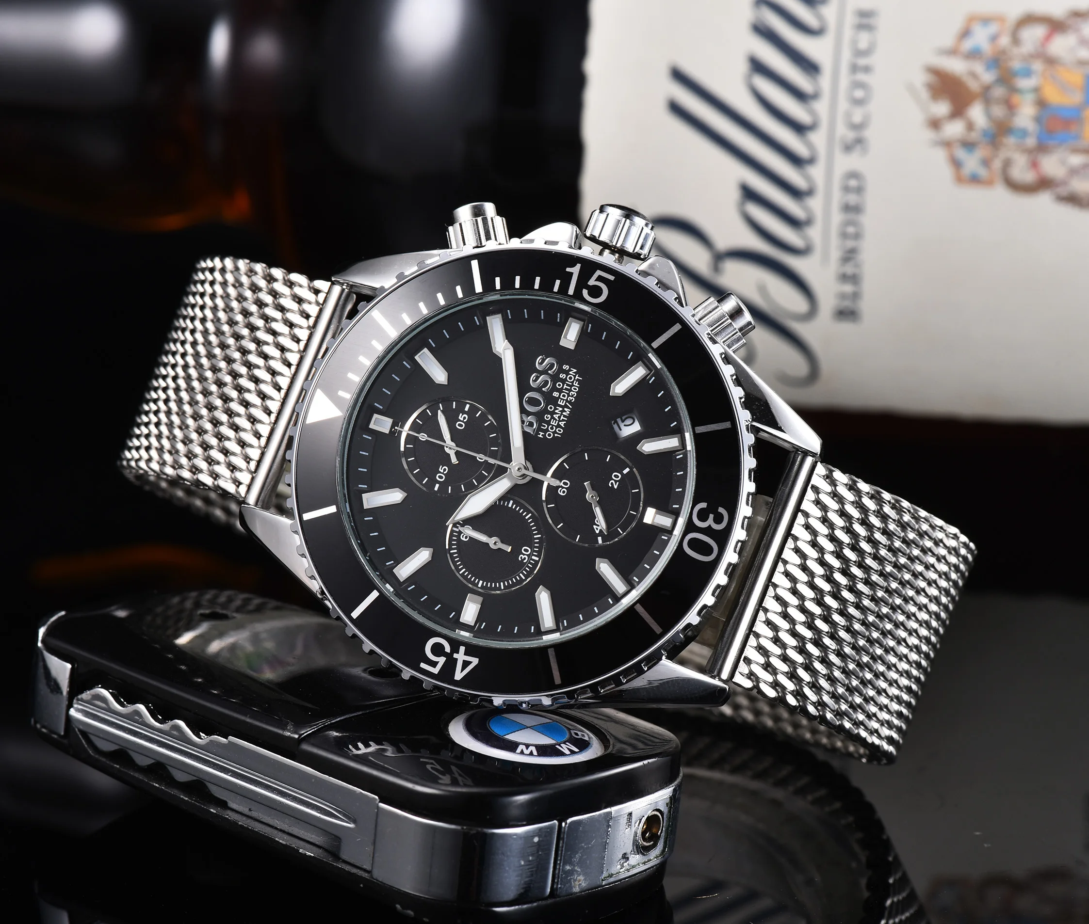 

Fashion Hugo Boss Watches for Men Steel Mesh Strap Chronograph Luxury Good Quality Quartz Auto Date Wristwatch