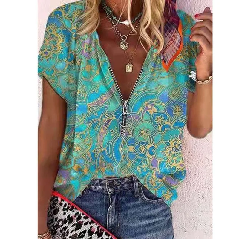 

Plus Size Blusas Mujer Women's Flower Print Deep V Neck Short Sleeve Chiffon Shirt Summer Holiday Wear Zipped Tops and Blouses