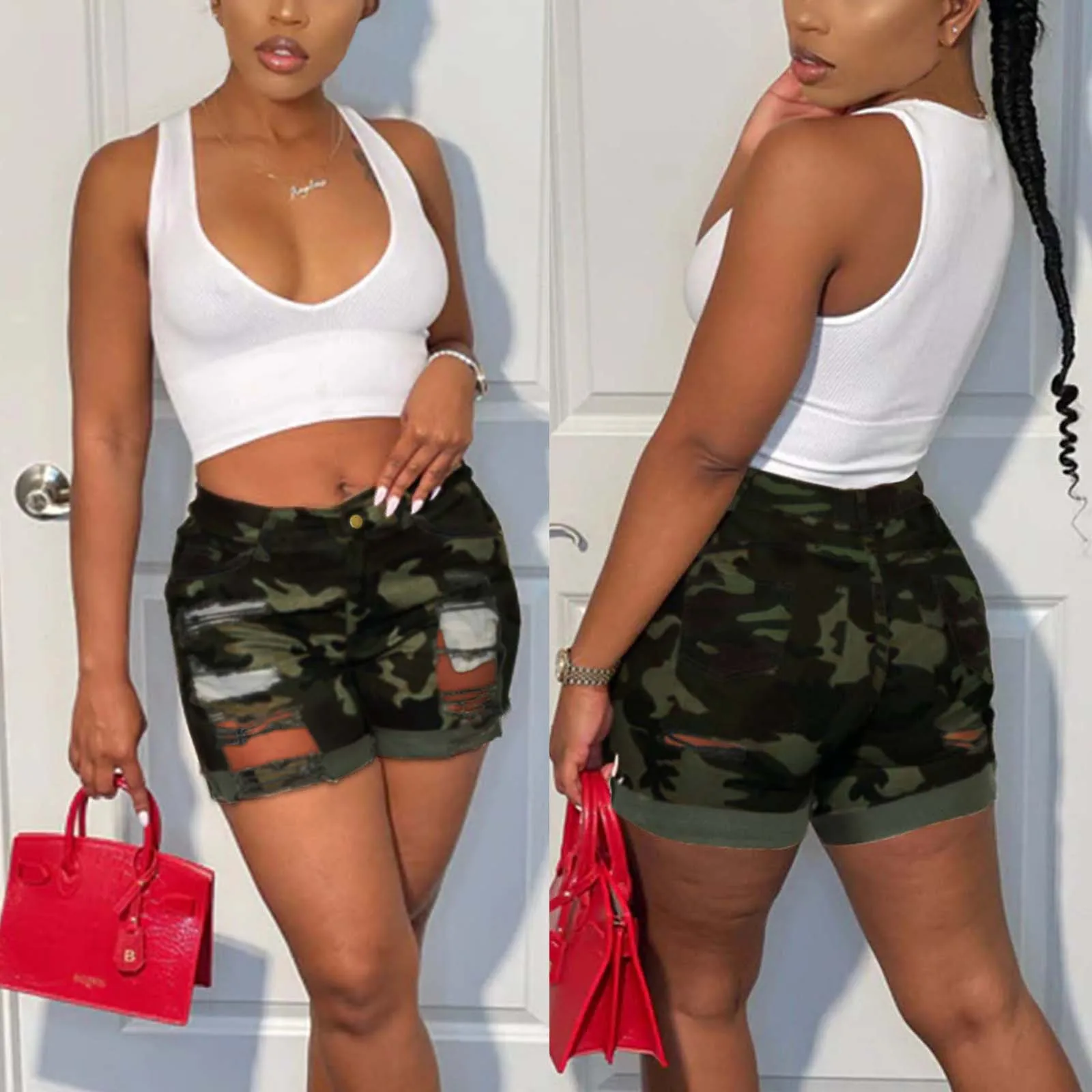 

Camouflage Jeans Pants Women Boyfriend Mid High Waist Ripped Denim Shorts Frayed Hem Casual Hot Shorts Women Jeans Hole Shorts