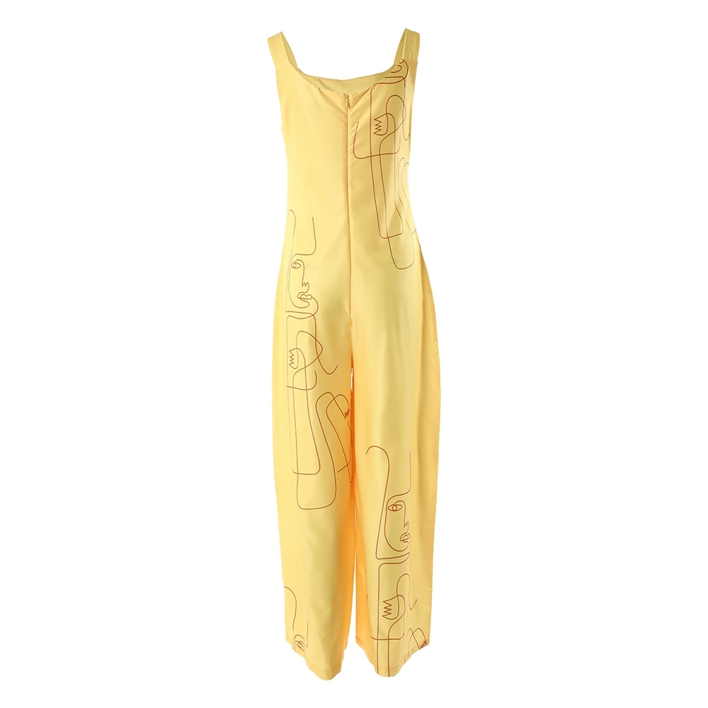 Women Figure Print U-Neck Thick Strap Wide Leg Elegant Casual Jumpsuits 2023 Lady Summer One-Piece Long Jumpsuit Streetwear y2k