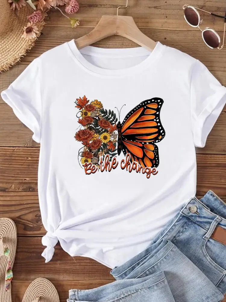 

Flower Butterfly Style Cute Short Sleeve Clothes Clothing Women Graphic Top T Shirt Fashion Summer Print T-shirt Tee