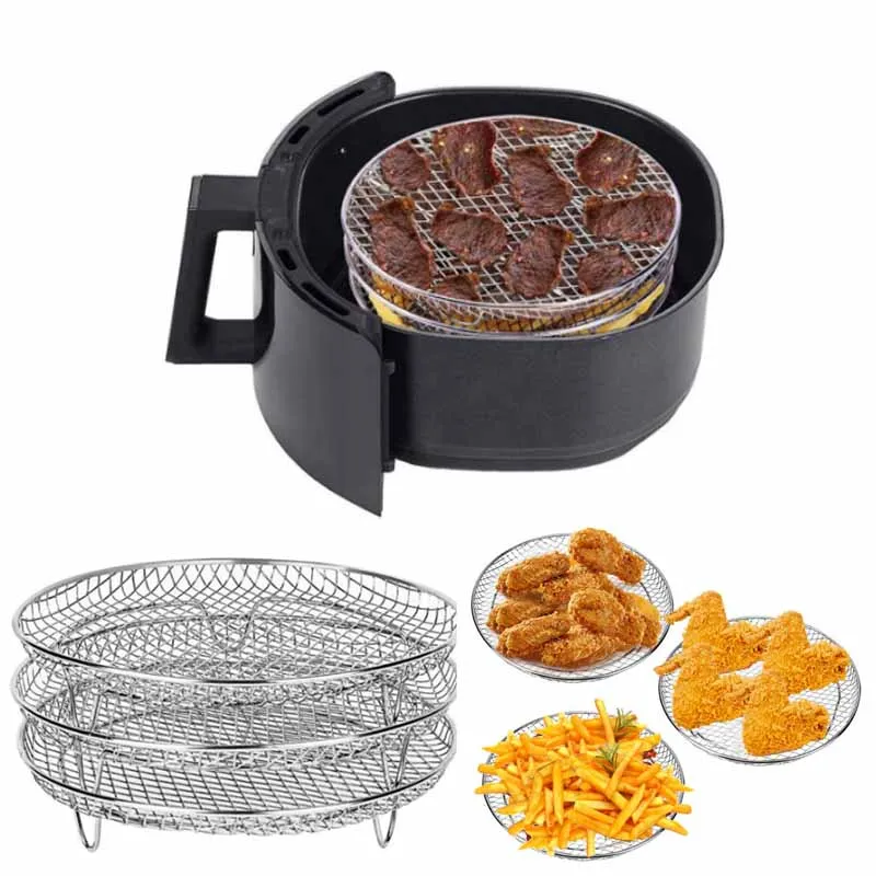 

Round Stainless Steel Airfryer Rack Steamer Roasting Stand for Air Fryer Oven Kitchen Gadgets 3 Detachable Shelves Cookware