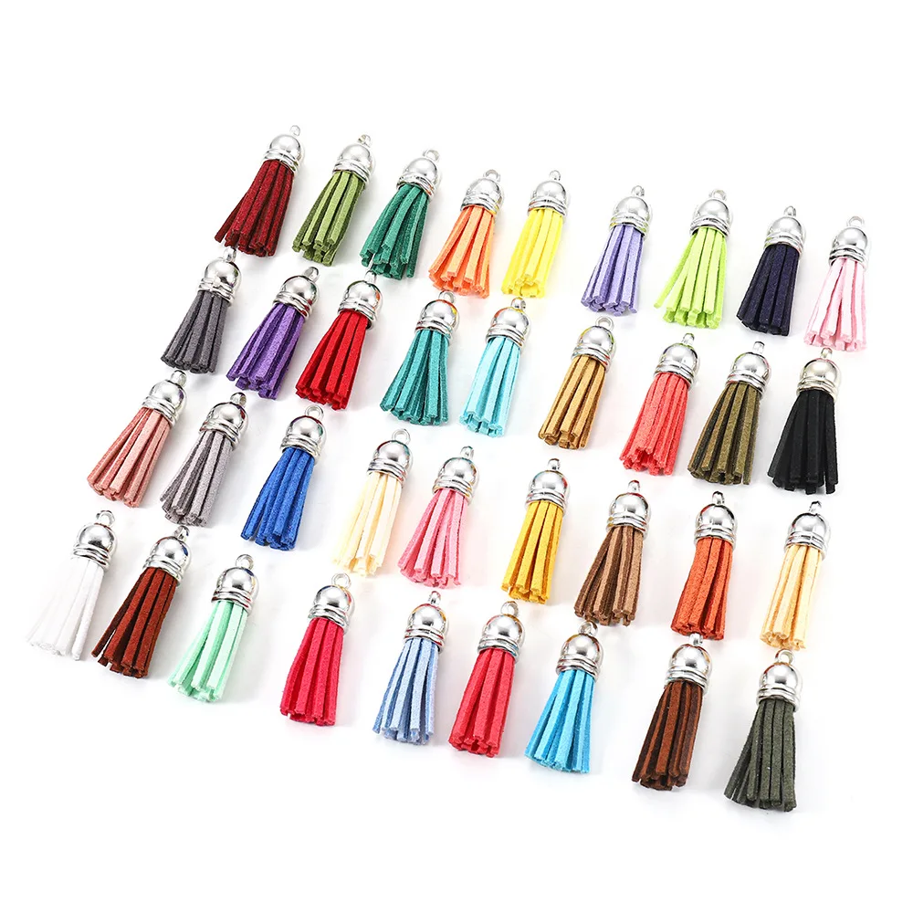 

20Pcs 36mm sliver Hat Head Suede Faux Leather Tassel For Keychain Cellphone Straps Jewelry Summer Diy Pendant Findings