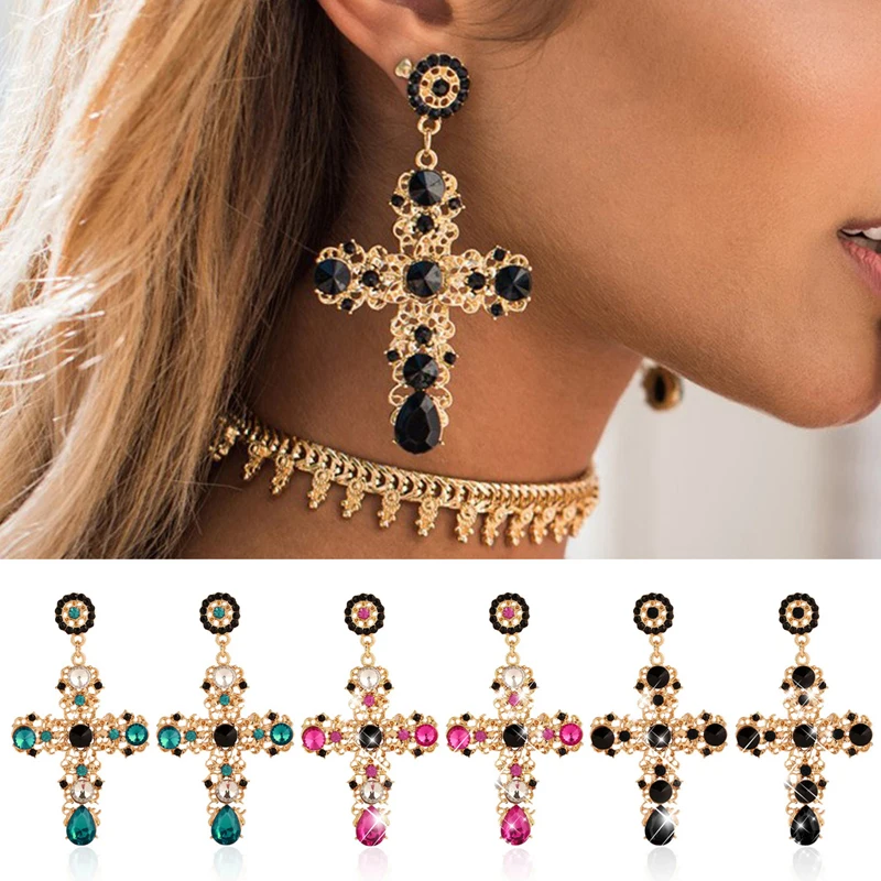 

Elegant Cross Boho Women Lady Rhinestone Dangle Drop Rhinestone Ear Stud Earring