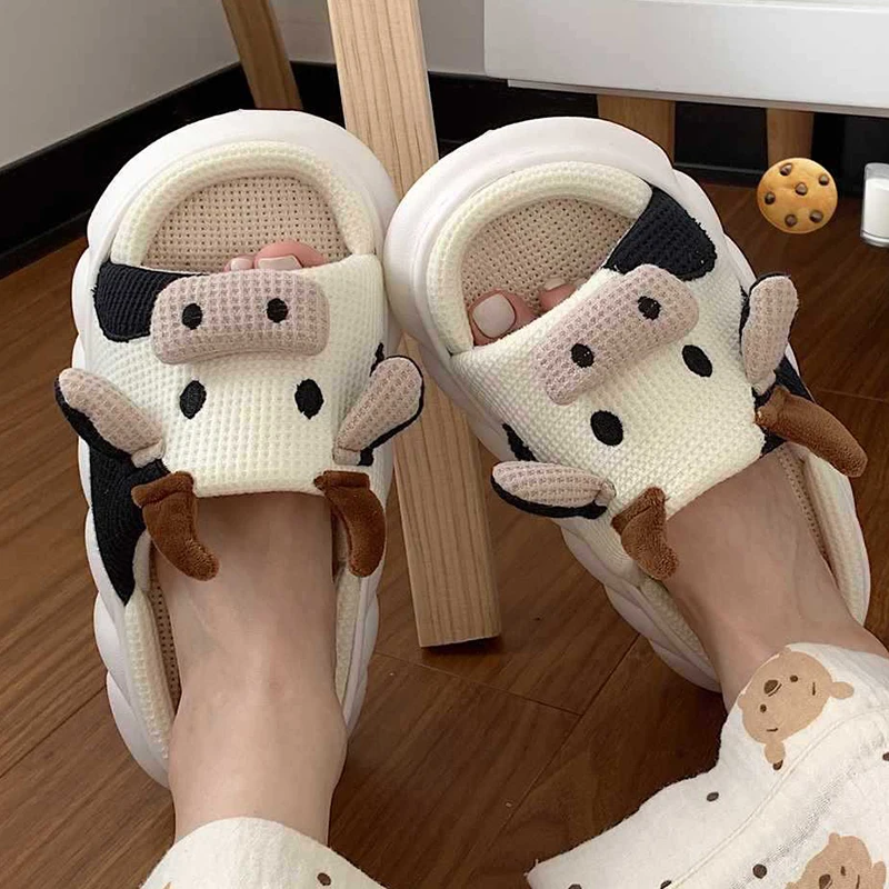 

Cute Cartoon Milk Cow Home Slippers 2023 Four Seasons Indoor Home Sandals Cotton Couple Linen Slippers Summer Cow Funny Shoes