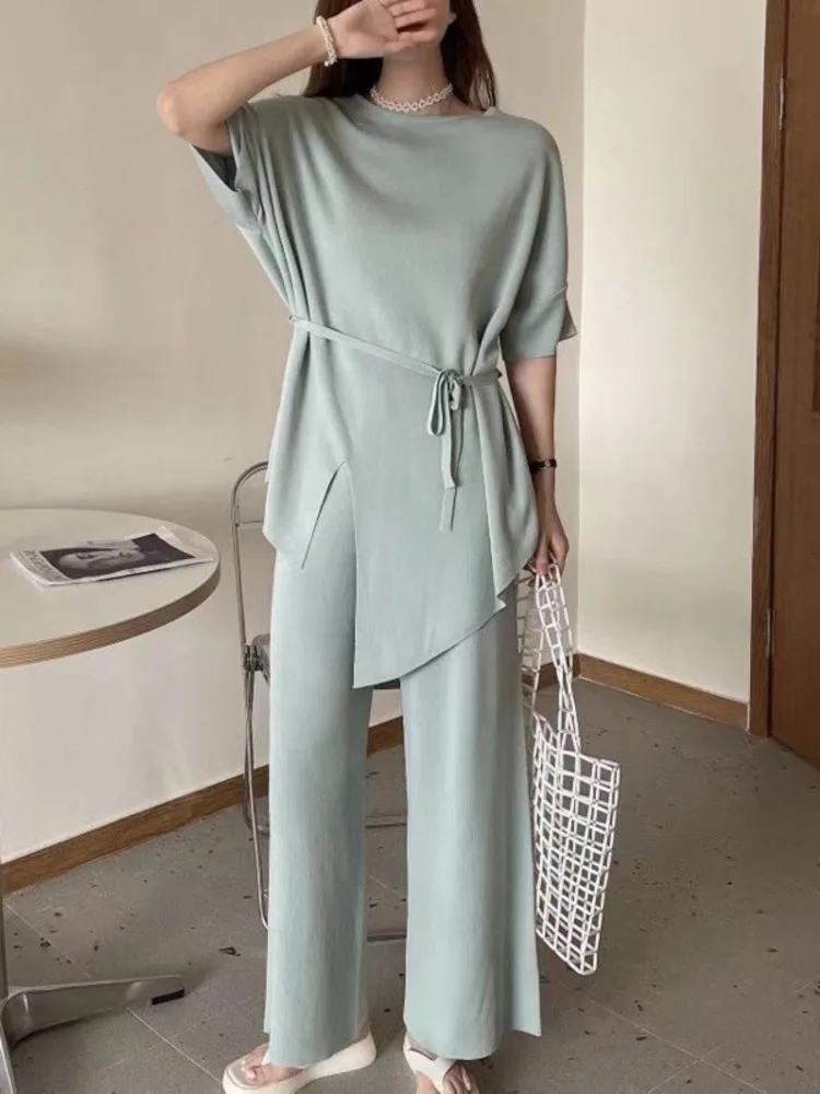 

Женский трикотажный комплект из 2 предметов, повседневный Свободный пуловер и брюки с широкими штанинами в Корейском стиле на лето