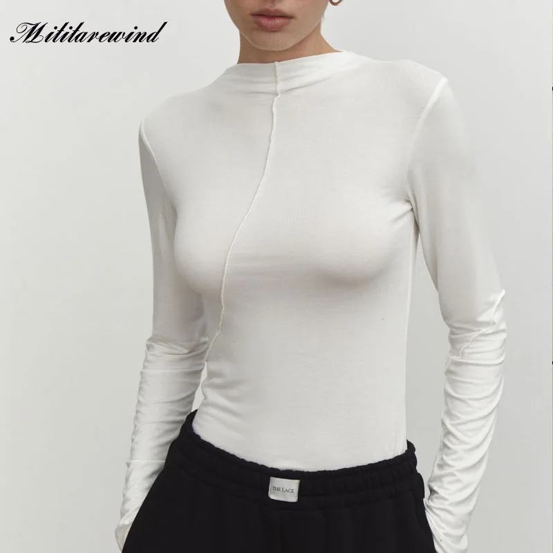 

2023 Spring Sheath Fashion T Shirts Women Long Sleeve Solid Pullover Half Turtleneck Slim Fit Korean Casual Streetwear Tops