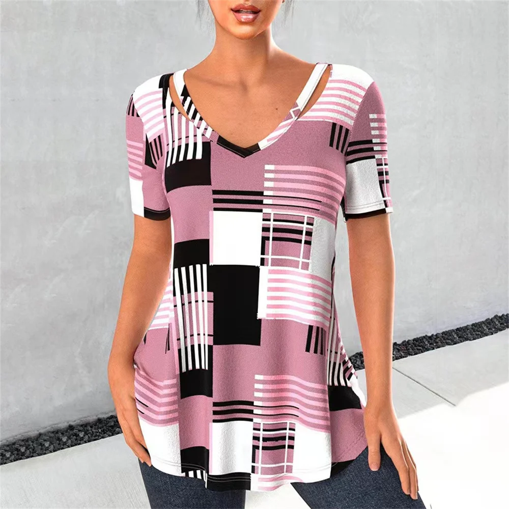 Women  V-neck T-shirt Summer Fashion Shirt Street Stripes 3d Print Oversized T-shirt Harajuku Y2k Loose Tee 5xl Female Clothing