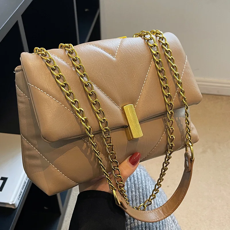 Soft Leather Texture Versatile Crossbody Bag New Trendy Car-Stitched Chain Single Shoulder Bags Fashion Casual Portable Satchel