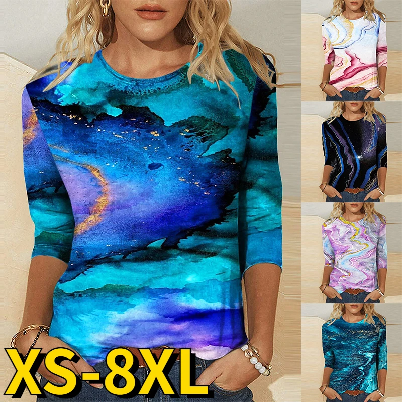 2022 Daily Street Round Neck Abstract Print T-shirt Autumn Winter Women's Fashion Long Sleeve Loose Size Casual Pullover Tops