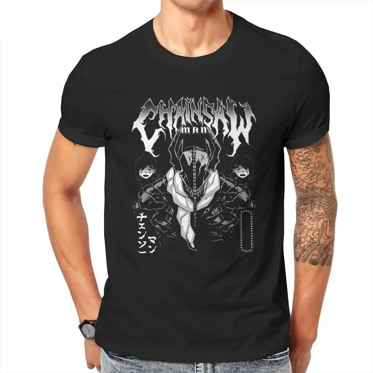 

Chainsaw Man Metal T-Shirt for Men Crewneck Cotton T Shirts Warrior Denji Anime Manga Short Sleeve Tee Shirt Plus Size Tops