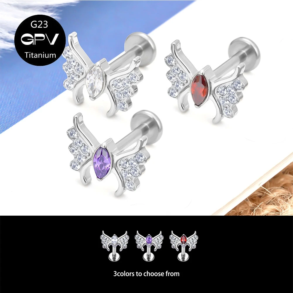 

G23 Titanium Earrings Angel Wings Tragus Female Luxury Human Piercing Jewelry Ear Cartilage Nails Inset Red Zircon