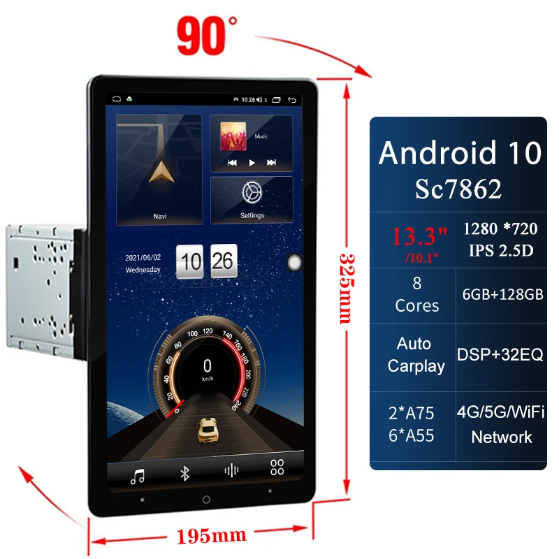 

13.3 Inch Android 10.0 Auto Rotatable 1920*1080 IPS Universal Car Multimedia Player 2 Din Car Radio GPS Navigation 6G+128G WIFI