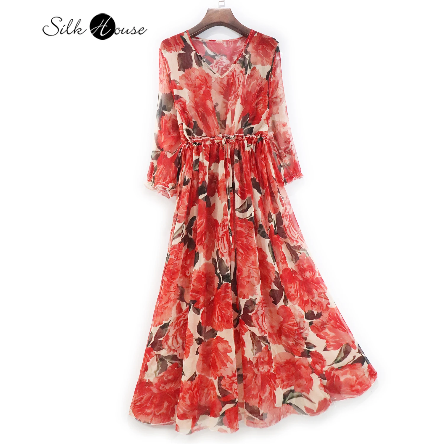 

2022 New Style Mulberry Silk Dress Sexy V-neck Silk Beach Skirt Cover Skirt Medium Length Skirt Perspective A-line Woman Dress